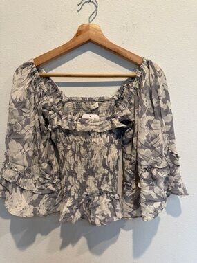 Mustard Seed Gray & White Floral Smocked Off-Shoulder Top